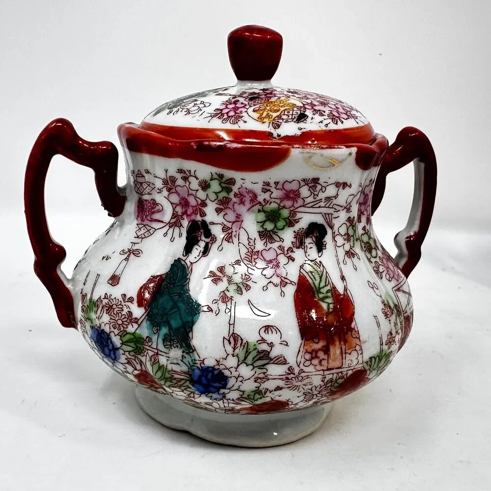 Vintage Japanese Geisha Girl Porcelain Creamer Sugar Bowl Mismatched Lot 6pc